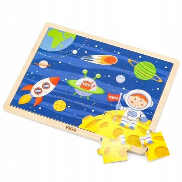 VIGA 24 Pcs Flat Wooden Puzzle w/Tray -Space Travel New Sealed For Age 2+ - Picture 3 of 15